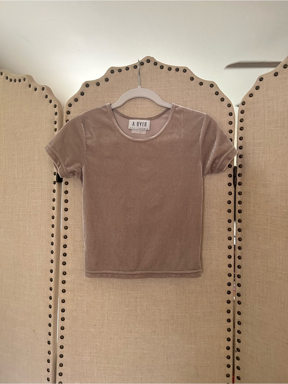 Vtg A. Byer Short Sleeve Velvet Baby Tee Nude Beige Taupe Vintage T Shirt